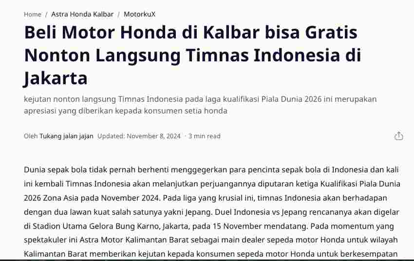 Beli Motor Honda di Kalbar bisa Gratis Nonton Langsung Timnas Indonesia di Jakarta