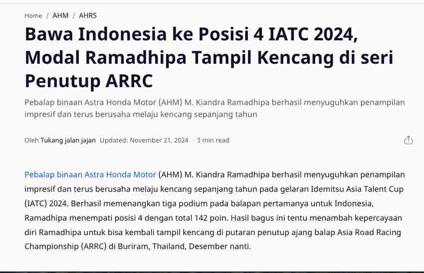 Bawa Indonesia ke Posisi 4 IATC 2024, Modal Ramadhipa Tampil Kencang di seri Penutup ARRC