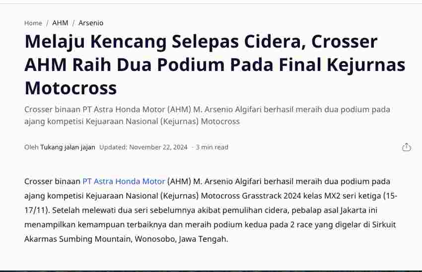 Melaju Kencang Selepas Cidera, Crosser AHM Raih Dua Podium Pada Final Kejurnas Motocross