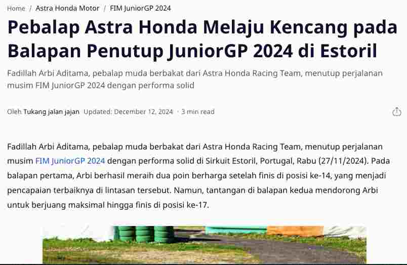 Pebalap Astra Honda Melaju Kencang pada Balapan Penutup JuniorGP 2024 di Estoril