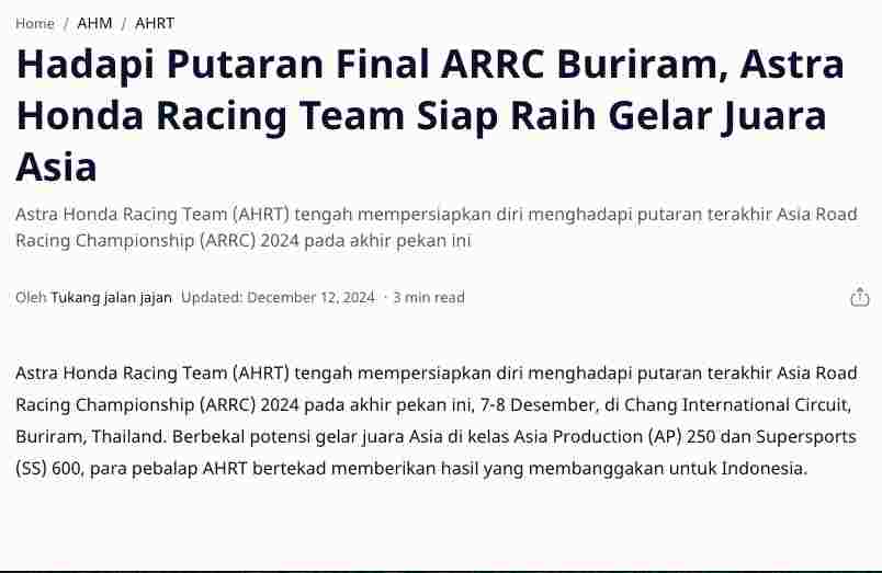 Hadapi Putaran Final ARRC Buriram, Astra Honda Racing Team Siap Raih Gelar Juara Asia