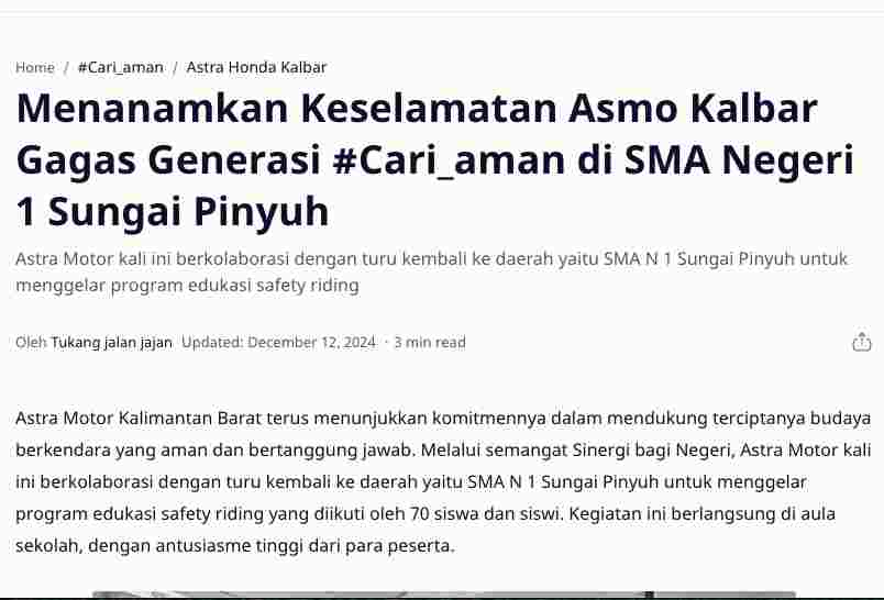 Menanamkan Keselamatan Asmo Kalbar Gagas Generasi #Cari_aman di SMA Negeri 1 Sungai Pinyuh