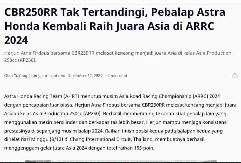 CBR250RR Tak Tertandingi, Pebalap Astra Honda Kembali Raih Juara Asia di ARRC 2024