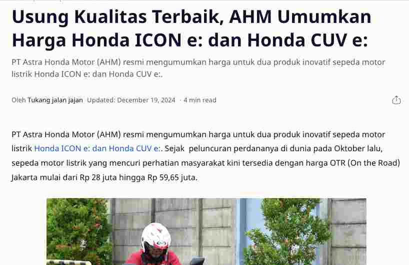 Usung Kualitas Terbaik, AHM Umumkan Harga Honda ICON e: dan Honda CUV e: