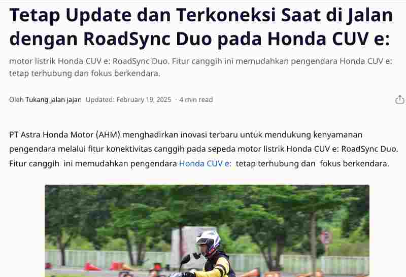 Tetap Update dan Terkoneksi Saat di Jalan dengan RoadSync Duo pada Honda CUV e: