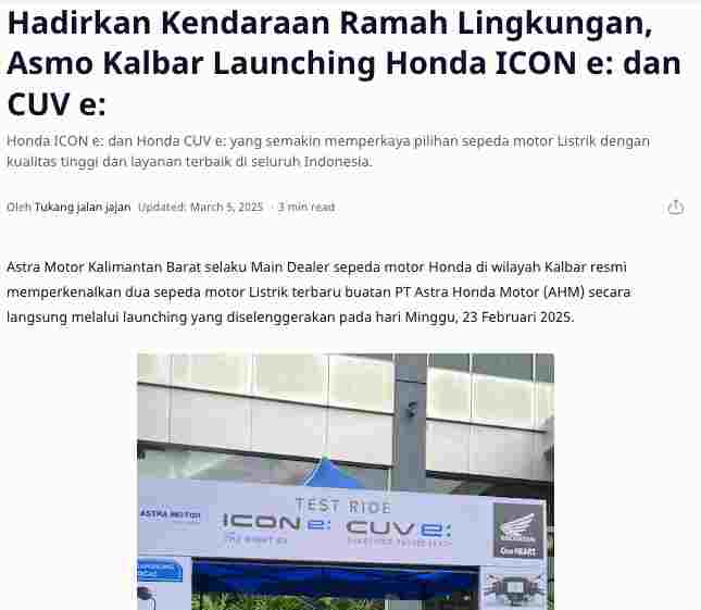 Hadirkan Kendaraan Ramah Lingkungan, Asmo Kalbar Launching Honda ICON e: dan CUV e: