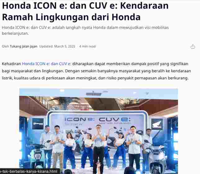 Honda ICON e: dan CUV e: Kendaraan Ramah Lingkungan dari Honda