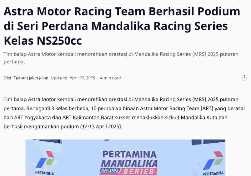 Astra Motor Racing Team Berhasil Podium di Seri Perdana Mandalika Racing Series Kelas NS250cc