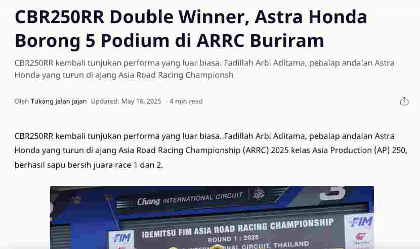 CBR250RR Double Winner, Astra Honda Borong 5 Podium di ARRC Buriram