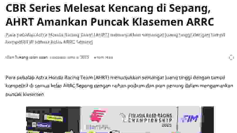 CBR Series Melesat Kencang di Sepang, AHRT Amankan Puncak Klasemen ARRC