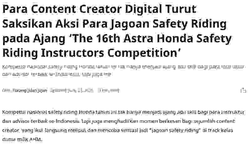 Para Content Creator Digital Turut Saksikan Aksi Para Jagoan Safety Riding pada Ajang ‘The 16th Astra Honda Safety Riding Instructors Competition’