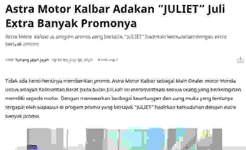 Astra Motor Kalbar Adakan “JULIET” Juli Extra Banyak Promonya