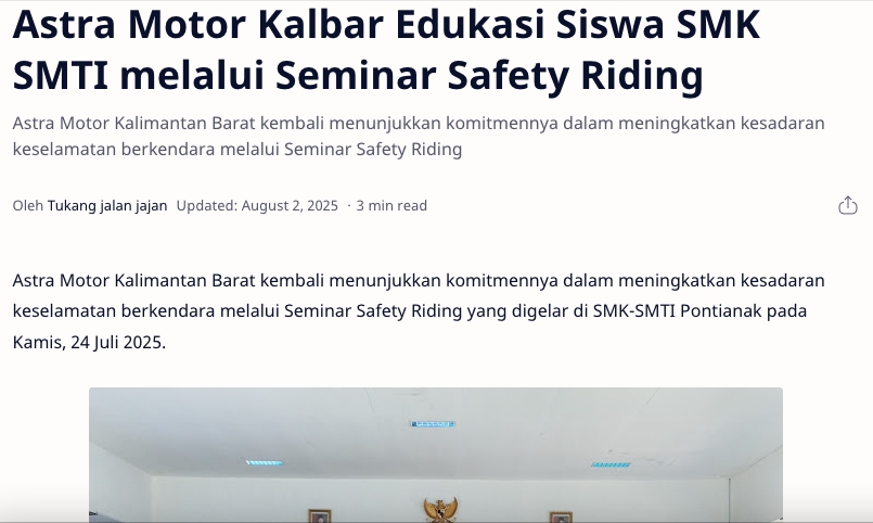 Astra Motor Kalbar Edukasi Siswa SMK SMTI melalui Seminar Safety Riding