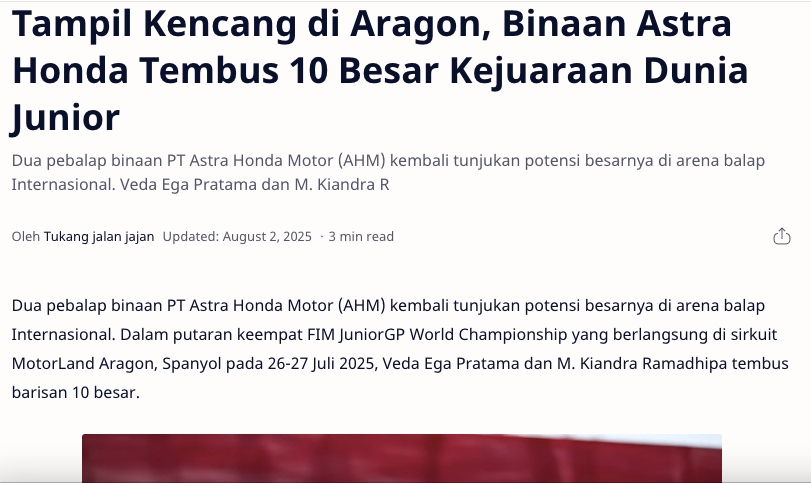 Tampil Kencang di Aragon, Binaan Astra Honda Tembus 10 Besar Kejuaraan Dunia Junior
