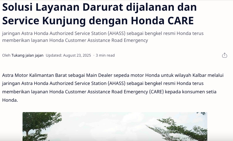 Solusi Layanan Darurat dijalanan dan Service Kunjung dengan Honda CARE