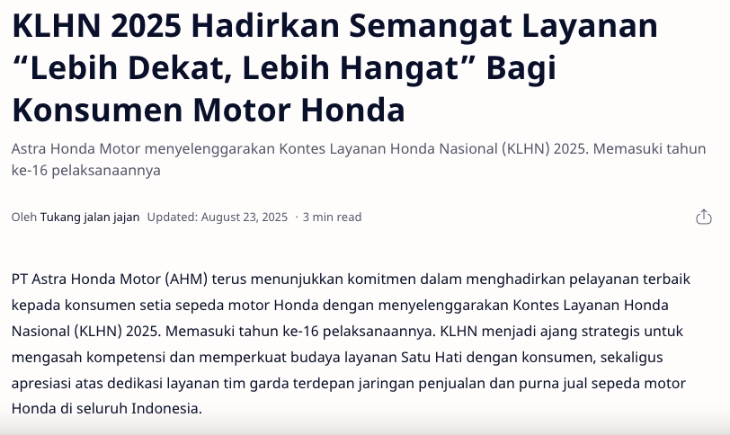 KLHN 2025 Hadirkan Semangat Layanan “Lebih Dekat, Lebih Hangat” Bagi Konsumen Motor Honda