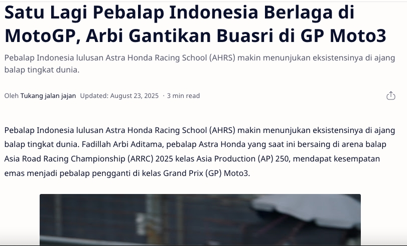 Satu Lagi Pebalap Indonesia Berlaga di MotoGP, Arbi Gantikan Buasri di GP Moto3