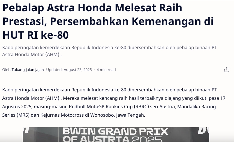 Pebalap Astra Honda Melesat Raih Prestasi, Persembahkan Kemenangan di HUT RI ke-80