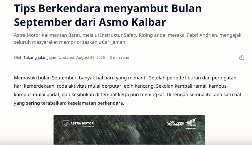 Tips Berkendara menyambut Bulan September dari Asmo Kalbar