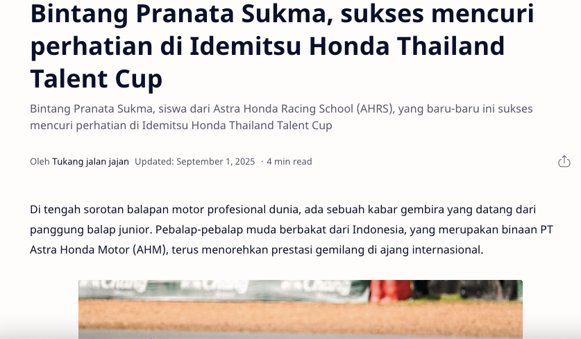 Bintang Pranata Sukma, sukses mencuri perhatian di Idemitsu Honda Thailand Talent Cup