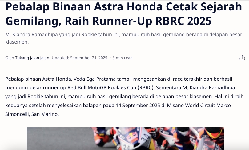 Pebalap Binaan Astra Honda Cetak Sejarah Gemilang, Raih Runner-Up RBRC 2025