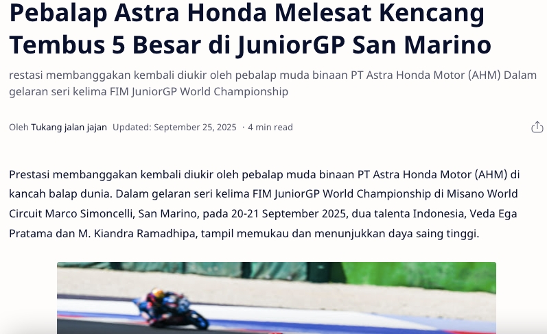 Pebalap Astra Honda Melesat Kencang Tembus 5 Besar di JuniorGP San Marino