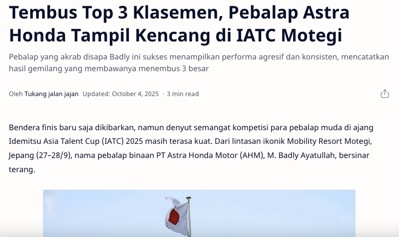 Tembus Top 3 Klasemen, Pebalap Astra Honda Tampil Kencang di IATC Motegi