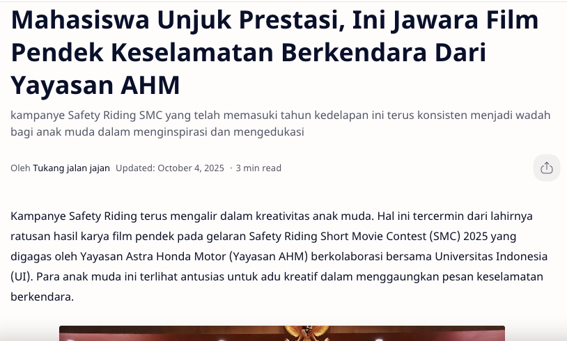 Mahasiswa Unjuk Prestasi, Ini Jawara Film Pendek Keselamatan Berkendara Dari Yayasan AHM