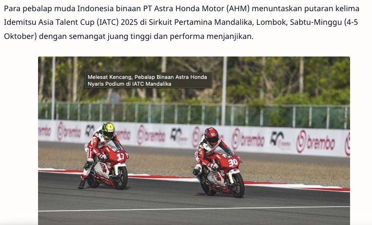 Melesat Kencang, Pebalap Binaan Astra Honda Nyaris Podium di IATC Mandalika
