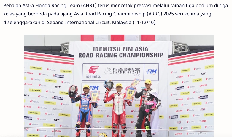 CBR Series Melesat, Pebalap Astra Honda Raih Tiga Podium ARRC Malaysia