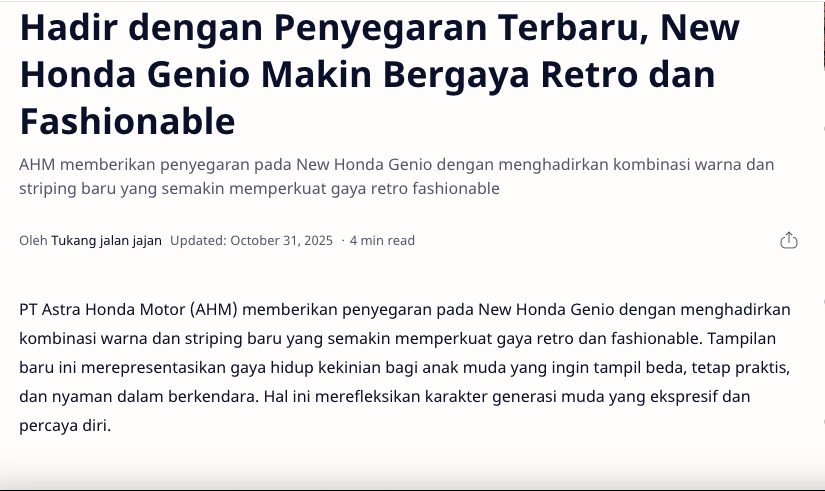 Hadir dengan Penyegaran Terbaru, New Honda Genio Makin Bergaya Retro dan Fashionable