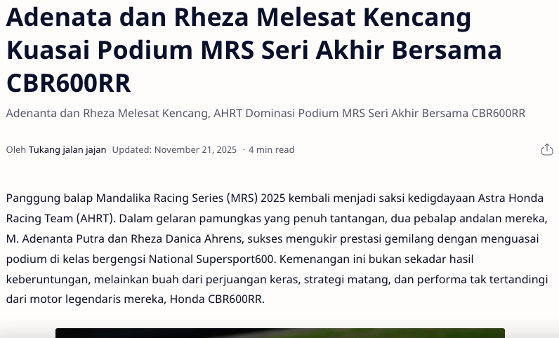 Adenata dan Rheza Melesat Kencang Kuasai Podium MRS Seri Akhir Bersama CBR600RR