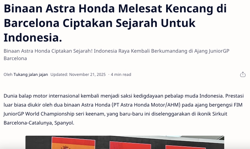 Binaan Astra Honda Melesat Kencang di Barcelona Ciptakan Sejarah Untuk Indonesia.