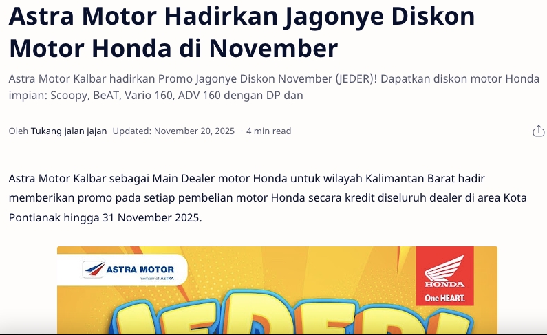 Astra Motor Hadirkan Jagonye Diskon Motor Honda di November