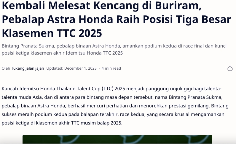 Kembali Melesat Kencang di Buriram, Pebalap Astra Honda Raih Posisi Tiga Besar Klasemen TTC 2025