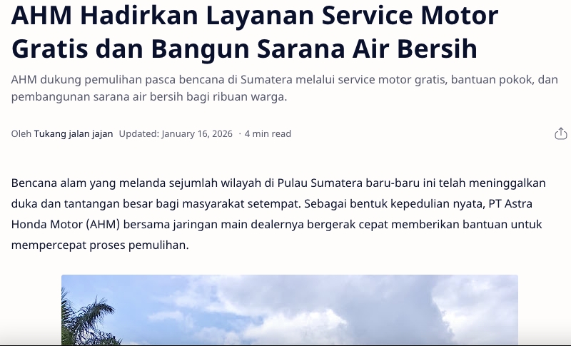 Dukung Pemulihan Bencana di Sumatera, AHM Hadirkan Layanan Service Motor Gratis dan Bangun Sarana Air Bersih