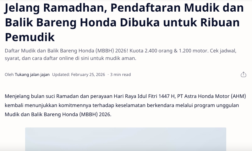 Jelang Ramadhan, Pendaftaran Mudik dan Balik Bareng Honda Dibuka untuk Ribuan Pemudik