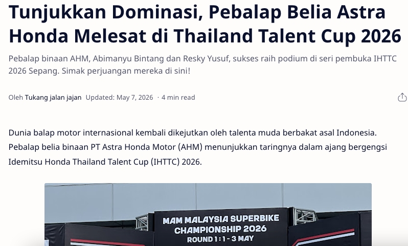 Tunjukkan Dominasi, Pebalap Belia Astra Honda Melesat di Thailand Talent Cup 2026