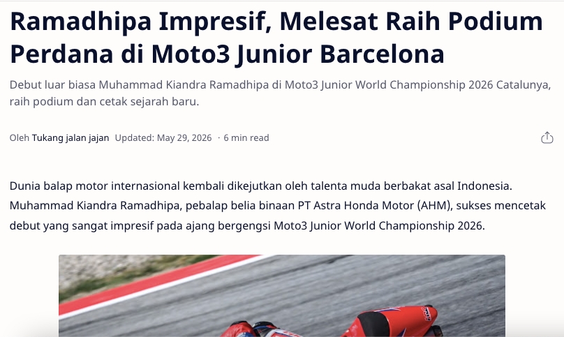 Ramadhipa Impresif, Melesat Raih Podium Perdana di Moto3 Junior Barcelona