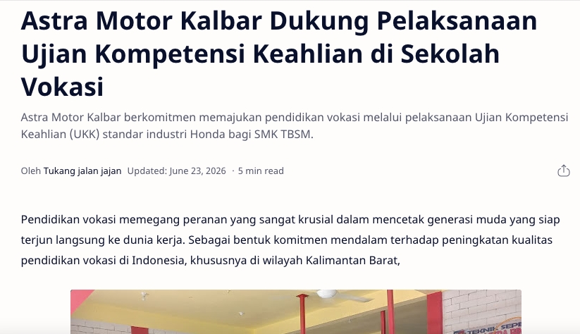 Astra Motor Kalbar Dukung Pelaksanaan Ujian Kompetensi Keahlian di Sekolah Vokasi