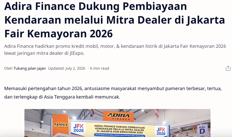 Adira Finance Dukung Pembiayaan Kendaraan melalui Mitra Dealer di Jakarta Fair Kemayoran 2026