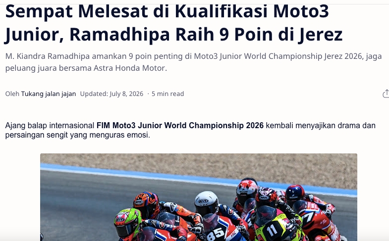 Sempat Melesat di Kualifikasi Moto3 Junior, Ramadhipa Raih 9 Poin di Jerez