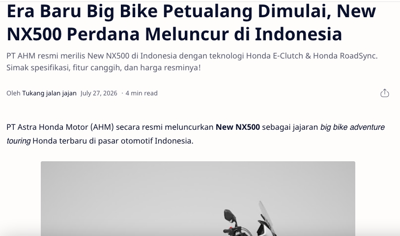 Era Baru Big Bike Petualang Dimulai, New NX500 Perdana Meluncur di Indonesia