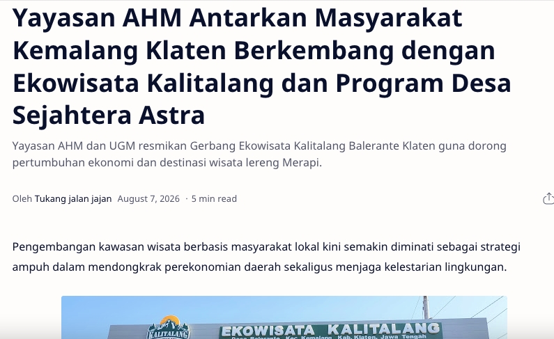 Yayasan AHM Antarkan Masyarakat Kemalang Klaten Berkembang dengan Ekowisata Kalitalang dan Program Desa Sejahtera Astra