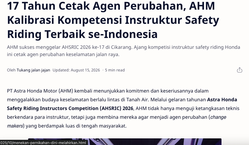 17 Tahun Cetak Agen Perubahan, AHM Kalibrasi Kompetensi Instruktur Safety Riding Terbaik se-Indonesia
