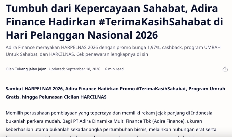 Tumbuh dari Kepercayaan Sahabat, Adira Finance Hadirkan #TerimaKasihSahabat di Hari Pelanggan Nasional 2026