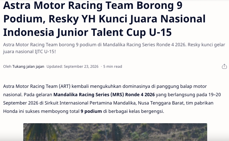 Astra Motor Racing Team Borong 9 Podium, Resky YH Kunci Juara Nasional Indonesia Junior Talent Cup U-15