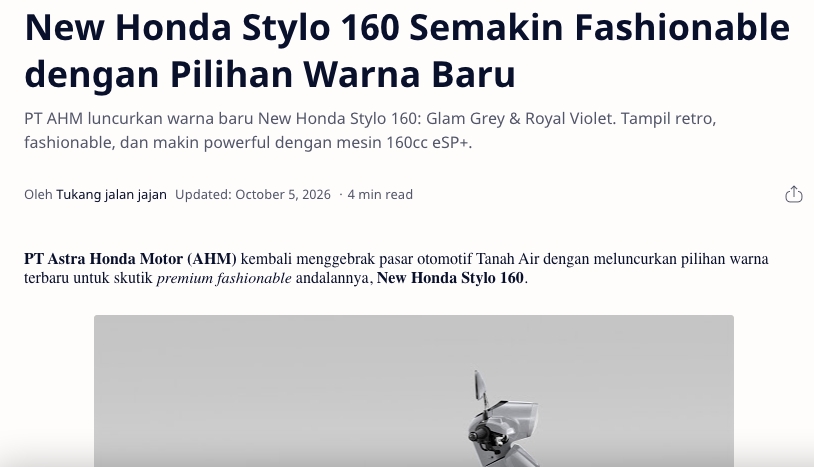 New Honda Stylo 160 Semakin Fashionable dengan Pilihan Warna Baru