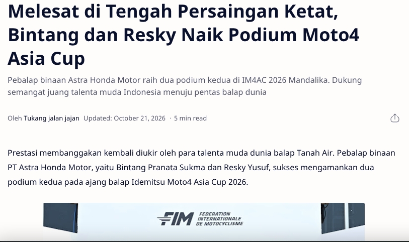 Melesat di Tengah Persaingan Ketat, Bintang dan Resky Naik Podium Moto4 Asia Cup